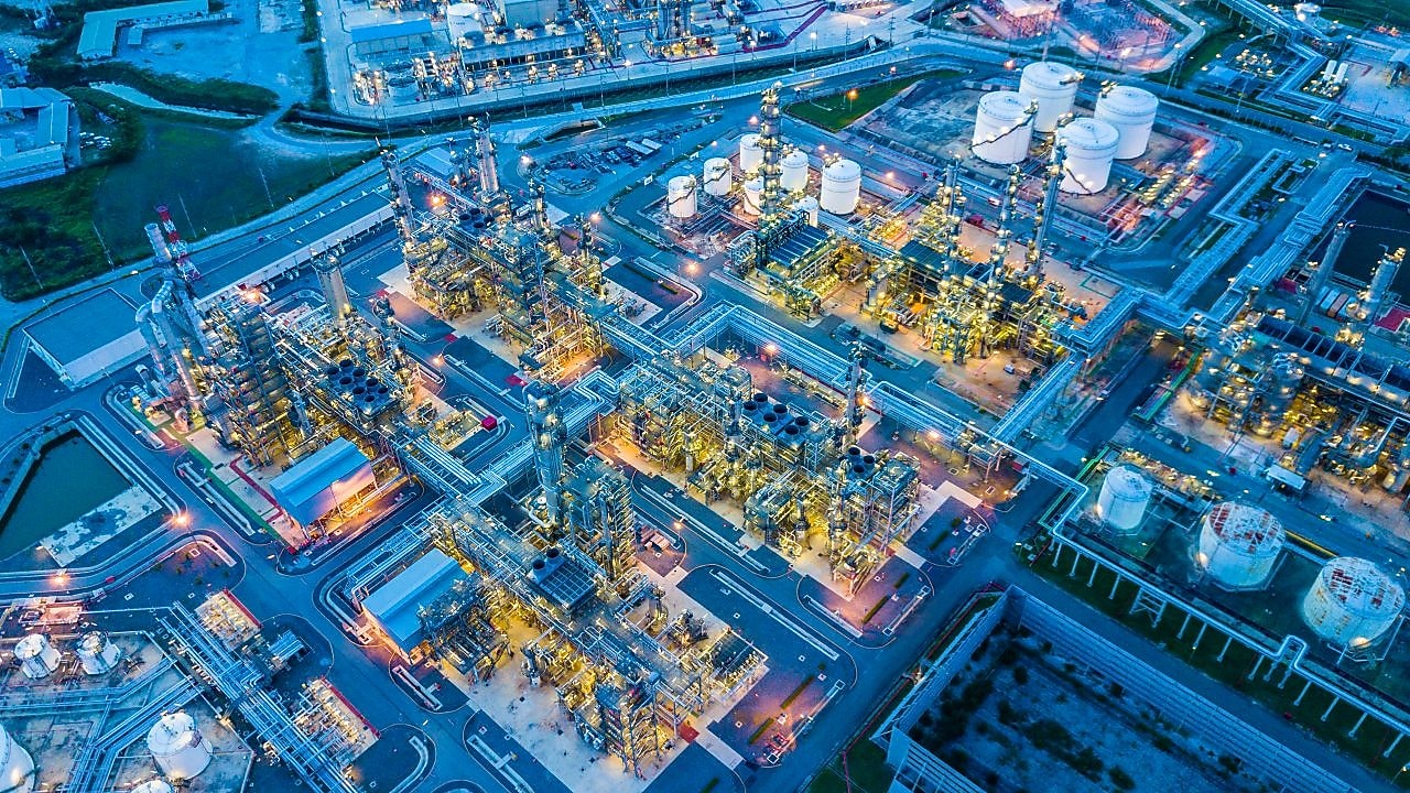 Arial view of refinery at dusk
