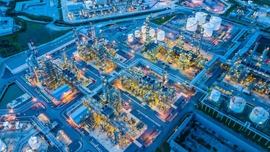 Arial view of refinery at dusk