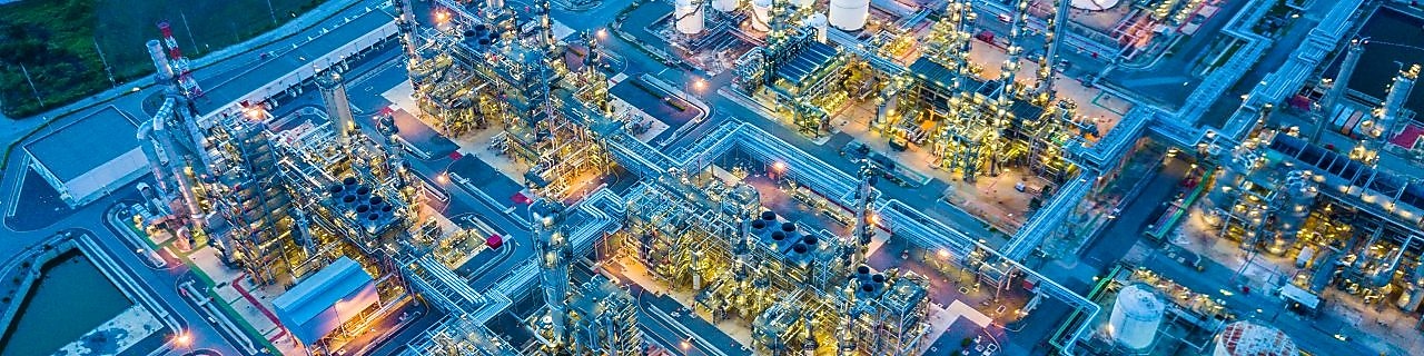 Arial view of refinery at dusk