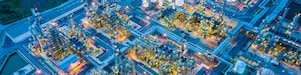 Arial view of refinery at dusk