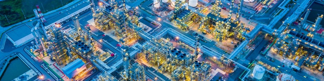 Arial view of refinery at dusk