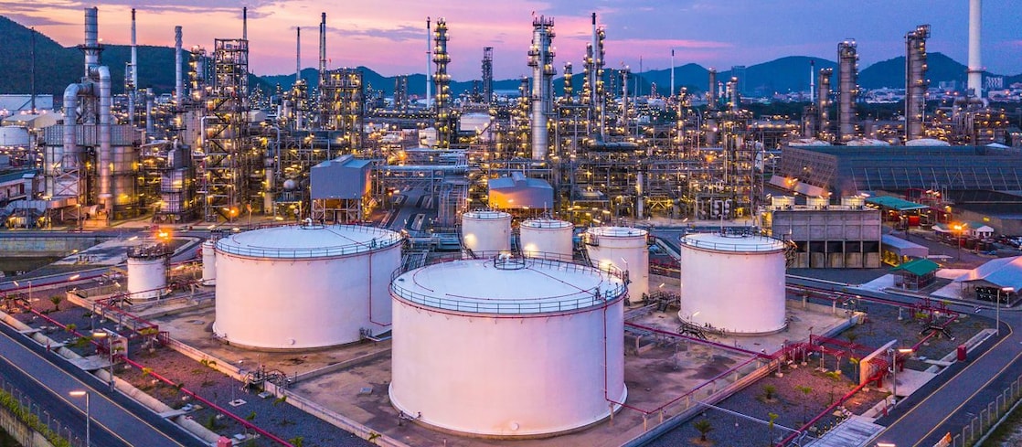Arial view of a chemical manufacturing site at sunset